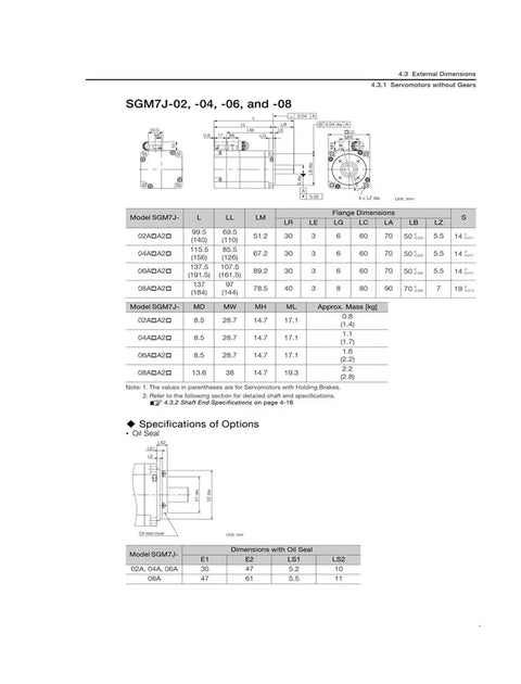 CHUNYE SGM7J servo motor with holding brake; front and side dimension diagrams for models 02–08 in Sigma-7 series.