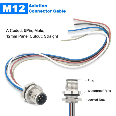 2 Pack M12 A Coded 5 Pin Male Aviation Panel Mount Connector Cable IP67 Waterproof Back Mount Unshielded Straight Socket
