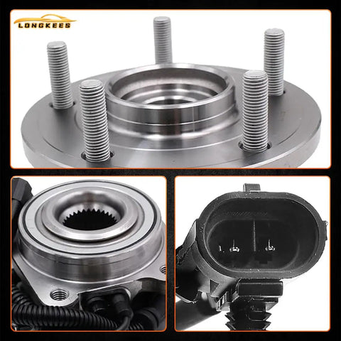 2 Pack Front Or Rear Wheel Hub And Bearing Assembly For 5-Lug Fit 2011-2019 Explorer And 2013-2018 Police Interceptor Utility Non-ABS 4-Bolt Flange Drop-In Replacement Kit showing hub, close-up bearing slots, and connector