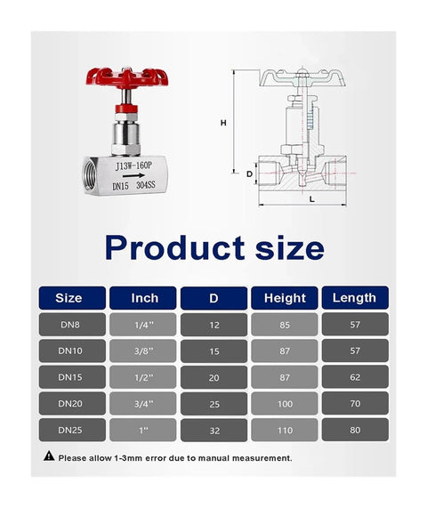 Heavy Duty 304 Stainless Steel High Pressure Needle Valve With Female Thread Globe Valve For Industrial Use, size chart included