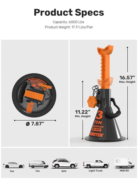 3 Ton Jack Stands With Integrated Steel Base And Double Locking For SUV, showing side view and product dimensions.