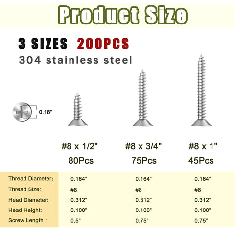 Product diagram of 200 Piece Stainless Steel Wood And Sheet Metal Screws Set With Three Sizes Eight By One Half Inch Eight By Three Quarters Inch And Eight By One Inch Phillips Flat Head Drive For Wood Gypsum Board Plastic DIY Projects