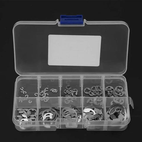 Open box showing Stainless Steel E Clip And Circlip Assortment Kit For Machine Shafts And DIY Home Shop Use, 1.5-10 mm sizes.
