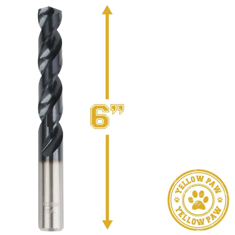Industrial Grade Cobalt Drill Bit For Metal With TiAIN Coating, 0.5 Inch Diameter, 6 Inch Overall Length, Yellow Paw logo