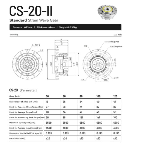 Technical diagram and specifications of Harmonic Drive CSF20II Strain Wave Gear Reducer for Automation Robots with zero backlash and high torque.