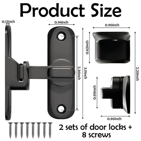 Heavy Duty Black Sliding Barn Door Lock Set, 2 Pack With Adjustable 90 To 180 Degree Latch, includes 8 screws
