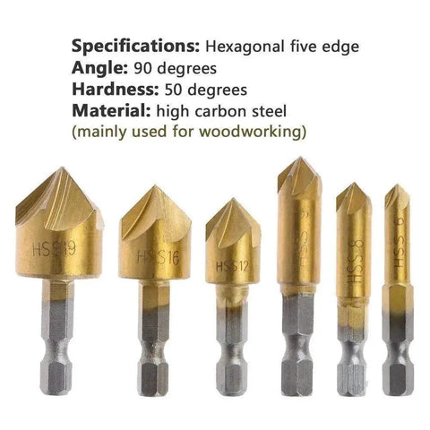 All In One Woodworking Chamfer Drill Bit Set Featuring Rocaris 23 Piece Kit with various countersink bits on display.