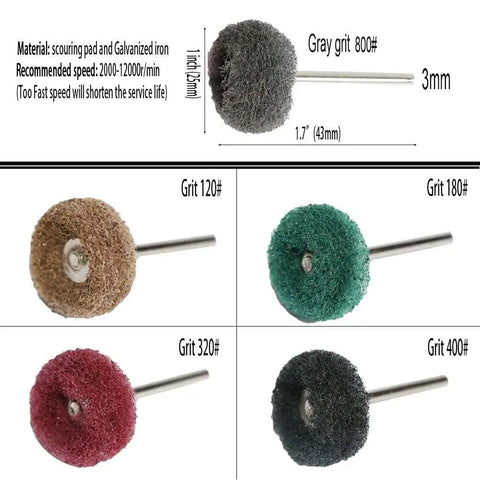 50 Piece Pro Grade Abrasive Buffing Polishing Wheel Set For Rotary Tools With 3mm Mandrel Non Woven Scouring Pads And Brush Kit Grit 800 For Rust Removal And Deburring On Metal Surfaces, showing various grit levels.
