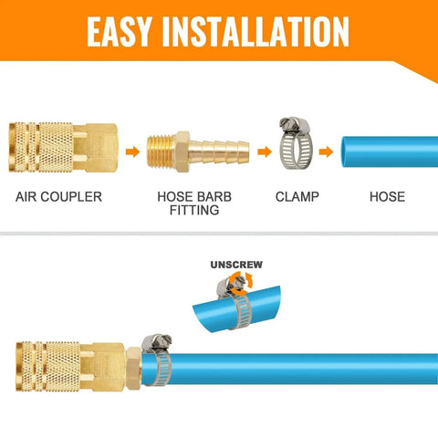 3/8 NPT Brass Hose Barb Fittings 3/8 Inch Barbed Air Line Connectors installation guide with air coupler and clamp