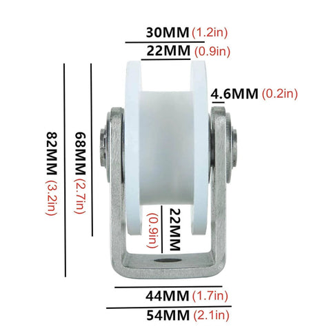 Beefy Heavy Duty Sliding Door Wheel Kit With 304 Stainless Steel Bracket Nylon Castor Track Wheel front view with dimensions.