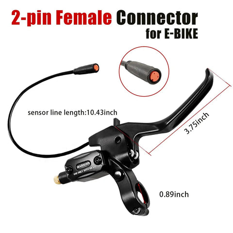 Side view of black e-bike hydraulic brake lever with orange 2-pin female waterproof connector.