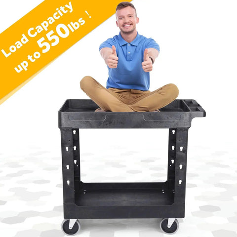 Heavy Duty Plastic Utility Cart With Deep Shelves And Full Swivel Wheels, 34 x 17 Inch 2 Tier Service Cart, 550 lbs capacity, person sitting on top