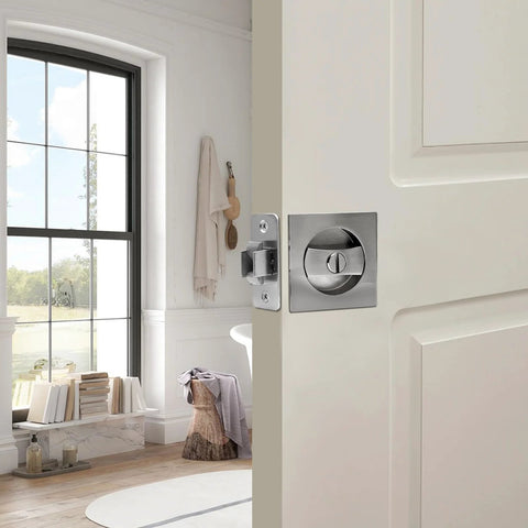 Brushed Nickel Pocket Door Lock With Privacy For Sliding And Bifold Doors Durable Double Sided Privacy Lock For Bathrooms Bedrooms And Offices Fits 1-3/8 Inch Doors With 2-3/8 Backset Easy Install Modern Home Upgrade installed on white door in bathroom