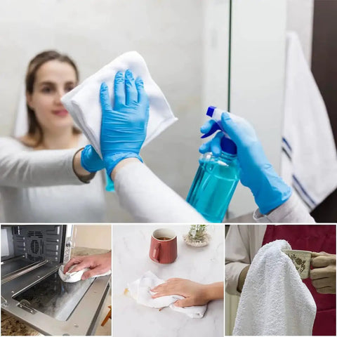 White Terry Rags Bulk Pack 12x12 Inches 100 Percent Ring Spun Cotton Multipurpose Cleaning Cloths, Reusable And Machine Washable For Auto Shops, Garages, Restaurants, Home And Bars, 24 Pack used in various cleaning scenarios.