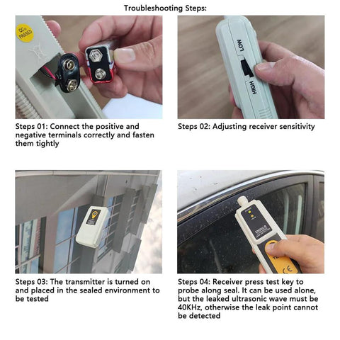 Ultrasonic Vacuum Leakage Detector for HVAC and Automotive Systems with 40KHz Transmitter Dual LED Two Sensors and Headphone Output Active and Passive Modes for Fast Leak Finding Not for Pipes Plumbing Tires or Pools by allsun step-by-step usage guide.