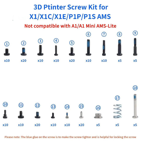 3D Printer Screw Assortment Kit For X1 X1C X1E P1P P1S AMS with various screws labeled in set