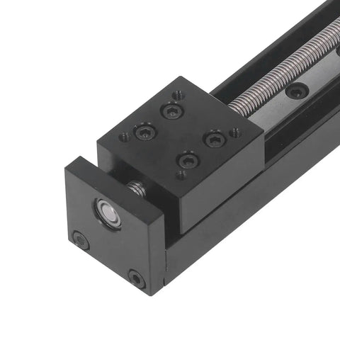 Close-up of 100mm Stroke Linear Slide Table with beefed up 28 stepper motor, alloy build, single rail motion for precise X Y Z axis movement.