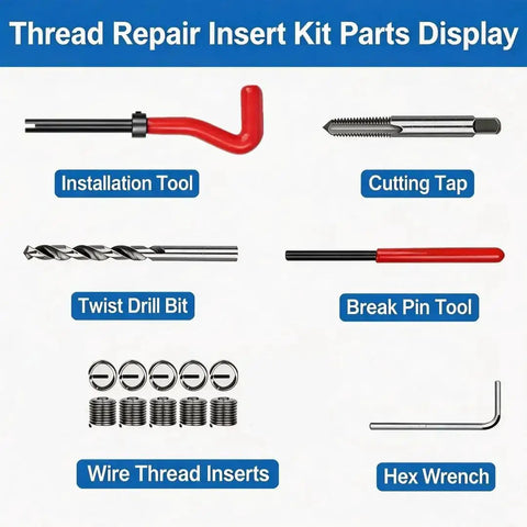Parts of M14 X 1.5 Thread Repair Kit With Helicoil Inserts And HSS Drill Bit, including tap, drill, inserts, and tools.