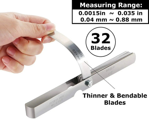 32 Blade Feeler Gauge Set For Precision Gap Measurement In Guitars, Spark Plugs, And Pistons, SAE And Metric Readouts, 0.0015 To 0.035 Inches (0.04 To 0.88 Mm), Stainless Steel, Portable Tool With Clear Numbers For DIYers And Pros Spurtar being held, showing measuring range.