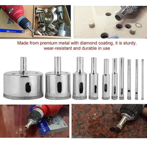 10 Piece Drill Saw Bits Set With Coated Core Bits For Glass Tile Ceramic Marble Porcelain Granite And More Pro Grade Performance Water Lubrication Required 3 To 50 Mm Sizes For Electric Drill displayed in packaging and drilled application.