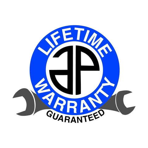 Lifetime warranty symbol with wrench icons and guaranteed text on a blue circle.