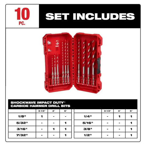 Shockwave Impact Duty 10 Piece Carbide Hammer Drill Bit Set in case for concrete, block, and brick with size chart visible.