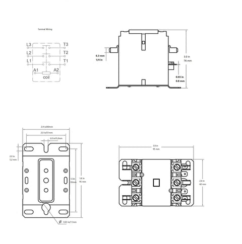 Technical drawing of Three Pole 40 Amp 24 Volt AC Coil Definite Purpose Air Conditioner Contactor with Quick Connect Terminals and Lug Screws.