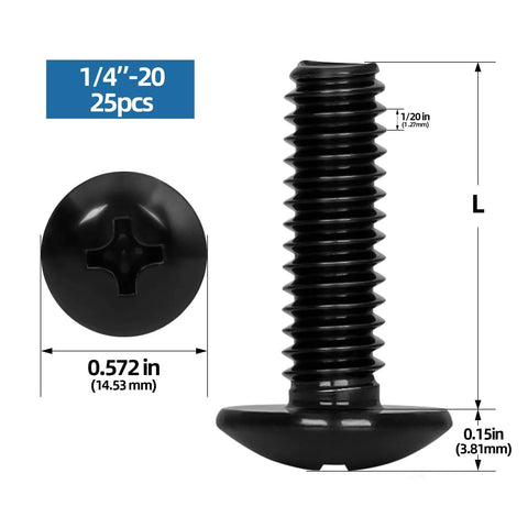 Go-To Heavy Duty 1/4-20 x 1/2 Inch Truss Head Machine Screws Full Thread In 304 Stainless Steel With Black Finish, 25 Pack