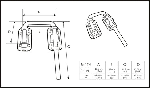 Technical diagram of Sliding Door Loop Lock For Patio French Doors 8 Pack In Matte Black 1 1/4 Inch Durable Steel Bar dimensions