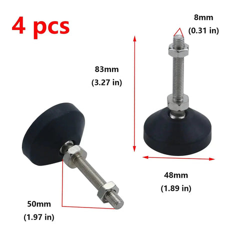 4 Pack Adjustable M8 Thread Leveling Foot Cups With Reinforced Nylon Base, 2 Inch Diameter, side and top view with measurements