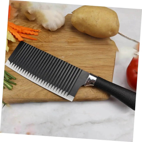 Wavy Chopper Knife Crinkle Cutter For Chips And Veggies Stainless Steel Mandoline Slicer with black handle on cutting board