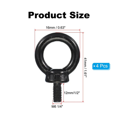 Front view of Heavy Duty Lifting Eyebolt Set M6 x 12mm 304 Stainless Steel Shoulder Ring Eyebolt with product dimensions.