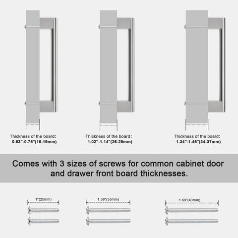 Three brushed nickel cabinet pulls with screw sizes, Brushed Nickel Cabinet Pulls Set of 5, 6.25 Inch Hole Spacing, 14mm Tube Diameter, shown.