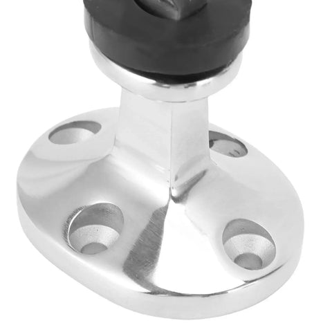 Close-up of Aramox 316 stainless steel door stopper catch and holder; round base with four mounting holes