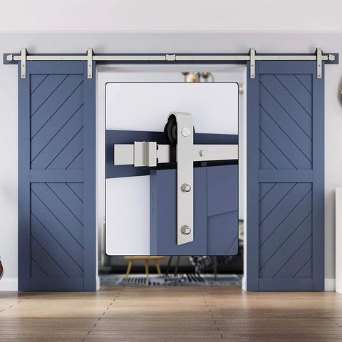 Rugged 10 Foot Brushed Nickel Double Sliding Barn Door Hardware Track Kit With Ball Bearing Rollers installed on blue doors