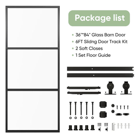 Dope 36-Inch By 84-Inch Frosted Glass Barn Door with Six-Foot Top Mounted Hardware Kit, black carbon steel frame components.
