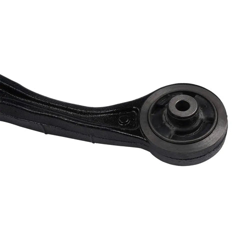 Front lower control arm with bushing, black metal, close-up view