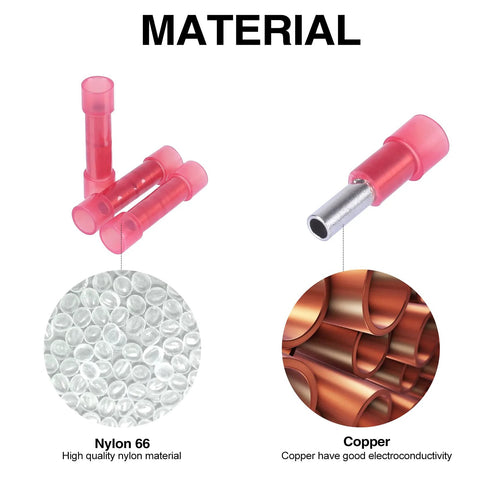 Butt connectors, red nylon PA66 insulated for 22-16 AWG, 100 pcs