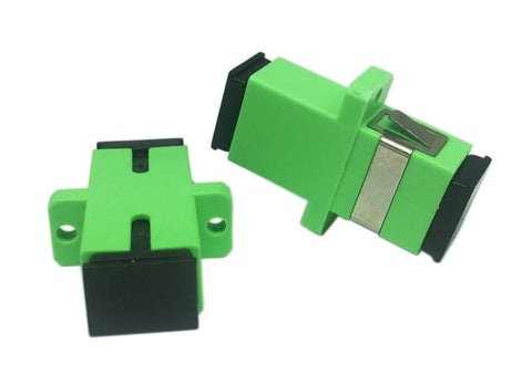 Two green SC APC fiber optic adapters, female-to-female, panel-mount, simplex single-mode, 2-pack
