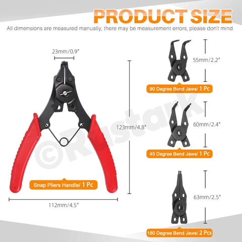 All in One 4 in 1 Snap Ring Pliers Set With E Clip And C Clip Retaining Rings Kit 312 Piece size chart showing pliers and jaws