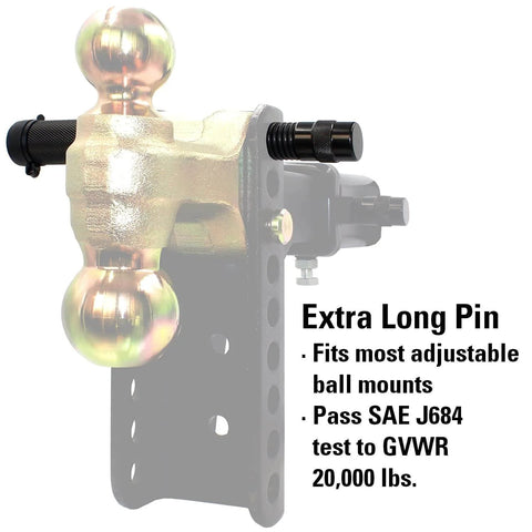 Keyed Alike Five Eighths Inch Trailer Hitch Lock With Extra Long Four And A Half Inch Span Double Safety Locking Pin on Ball Mount