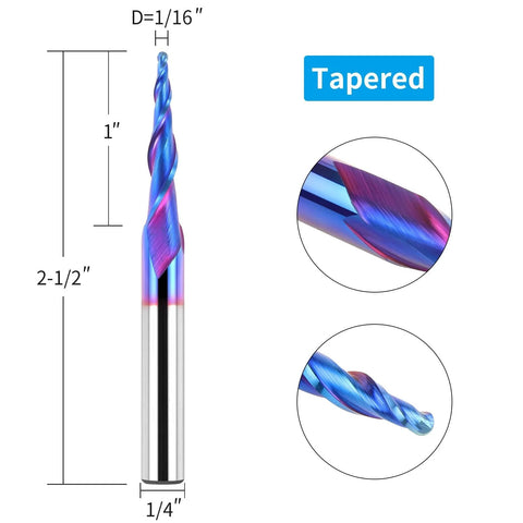 Tapered Ball Nose End Mill Pro For CNC Router 1/4 Inch Shank 1/16 Inch Tip 1/32 Inch Radius 5.4 Degree Single Side Solid Carbide Blue Nano NACo Coated Bit For 2D And 3D Milling Engraving And Carving
