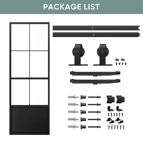 Frosted Tempered Glass Sliding Barn Door Panel With Pre Drilled Carbon Steel Frame 32 Inch By 84 Inch Includes Five And A Half Foot Hardware Kit And Soft Close Mechanism Easy Install For Modern Home Or Office Room Divider
