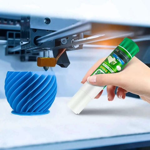 Six Pack 3D Printer Glue Sticks 1.27oz Each For Ultra Strong Bed Adhesion, shown with 3D printer and blue printed object