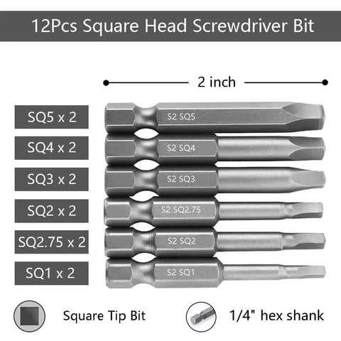 12 Piece One Quarter Inch Hex Shank Square Tip Bit Set With Magnetic Square Head Bits SQ5 SQ4 SQ3 SQ2.75 SQ2 SQ1 displayed