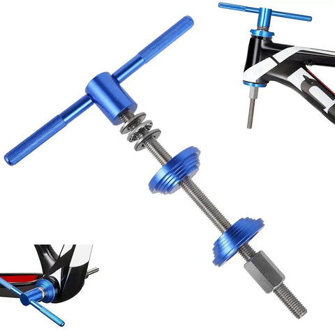 Universal Bicycle Headset Press Tool For Easy Installation Of Headset Bearings And Cups, aluminum body close-up with bike frame