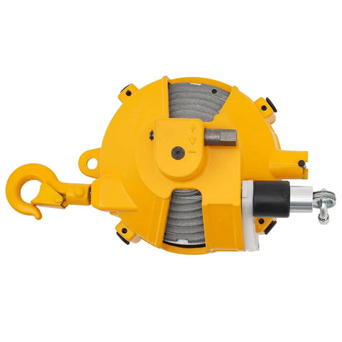 Retractable Spring Balancer For Tools With Adjustable Tension From 19.8 To 33.1 Lbs, yellow industrial tool with hook and wire rope