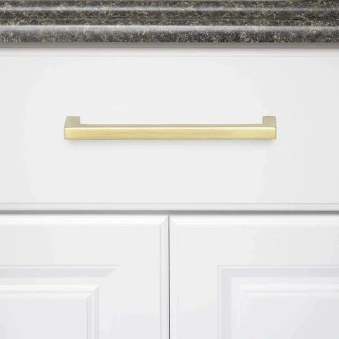 Modern Square Cabinet Pull Handle With Golden Champagne Finish, 5.39-Inch Length installed on white drawer