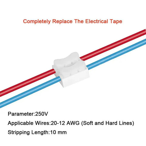 Close-up of a quick spring terminal block connector with red and blue electrical wires, part of a 68Pcs Premium Spring Wire Connectors Kit For LED Strip Lights And Electrical Wiring, 0.5-2.5mm2 22-14 AWG, White, Durable Insulated Wire Joiners DIY Friendly.
