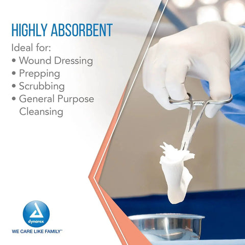 Highly absorbent nonwoven gauze sponges used for wound dressing, prepping, scrubbing, and cleansing. Non Sterile 4x4 Inches by Dynarex.